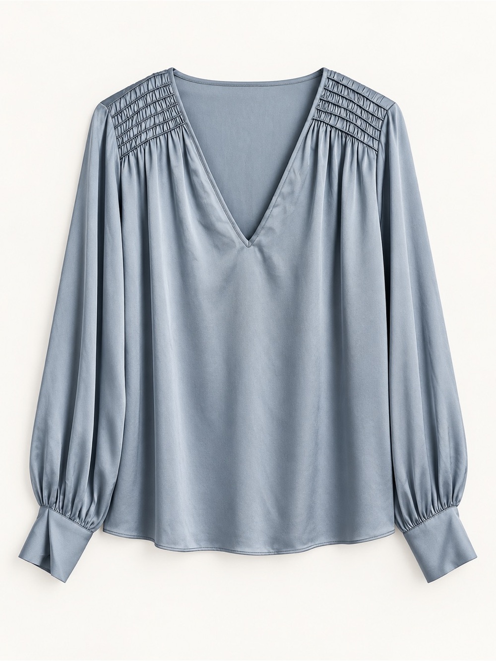 White House Black Market Dusty Blue Smocked Shoulder Blouse | Size M